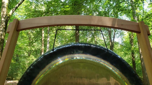 A photography of the top half of a large gong on a wooden stand in a woodland setting with lots of green trees in the background and blue sky between the tree canopy.